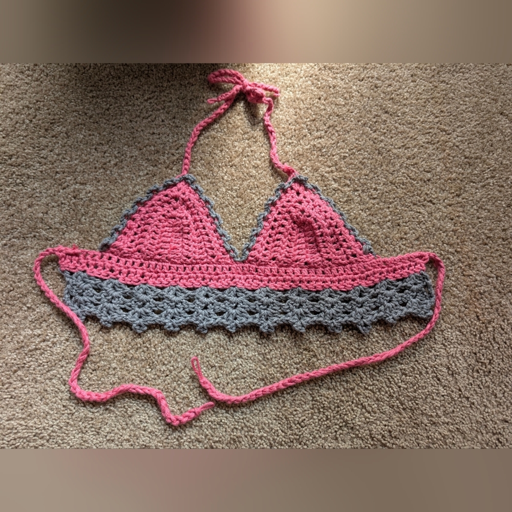 Pink and Gray Crochet Halter Top/Bralette
